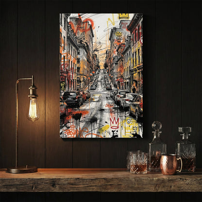 Urban city street wall art featuring Basquiat and Blek le Rat graffiti and parked cars.