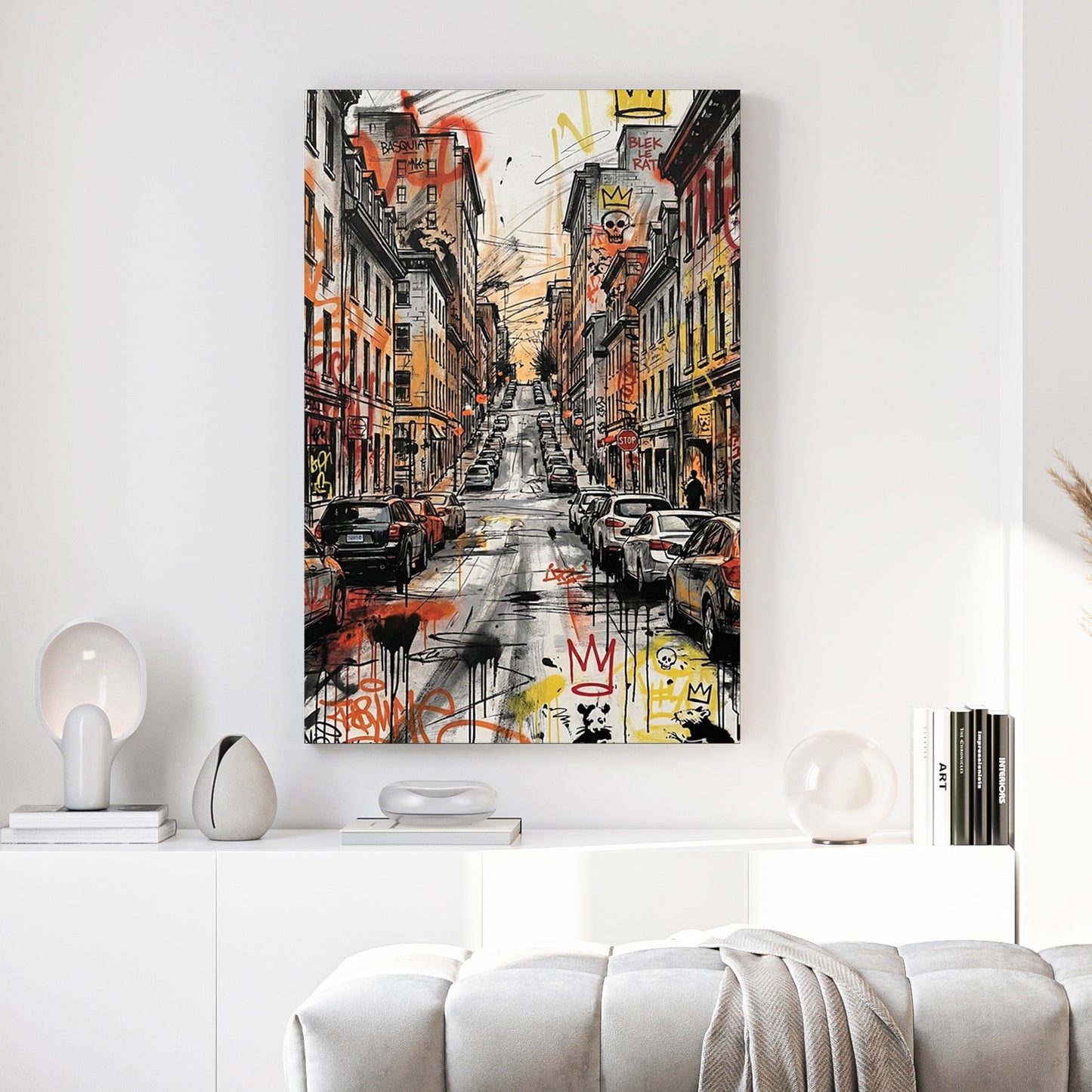 Urban city street wall art featuring Basquiat and Blek le Rat graffiti and parked cars.