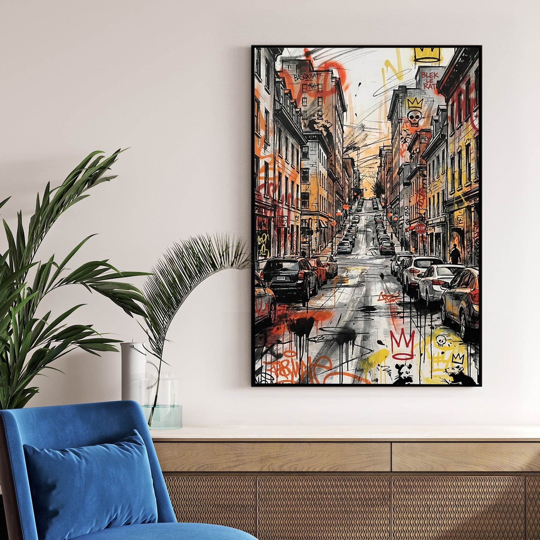 Urban city street wall art featuring Basquiat and Blek le Rat graffiti and parked cars.