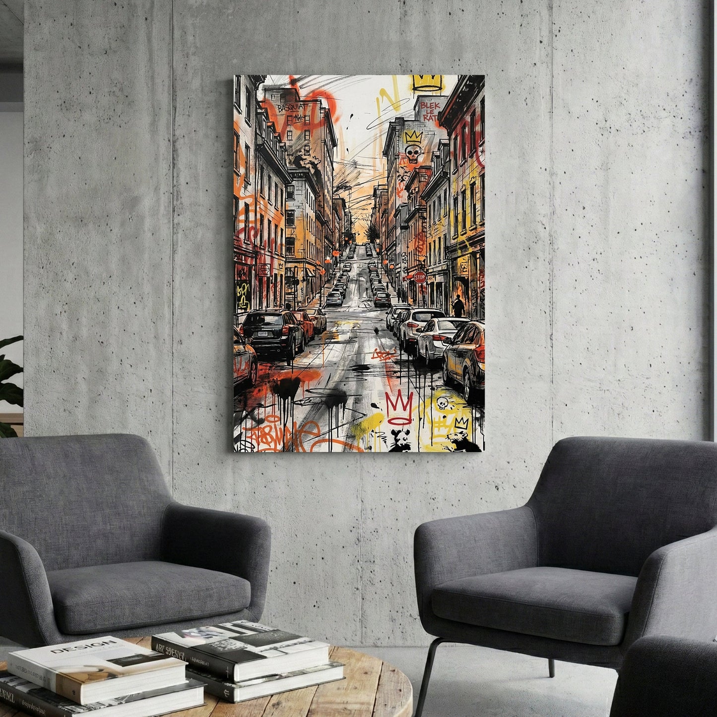 Urban city street wall art featuring Basquiat and Blek le Rat graffiti and parked cars.