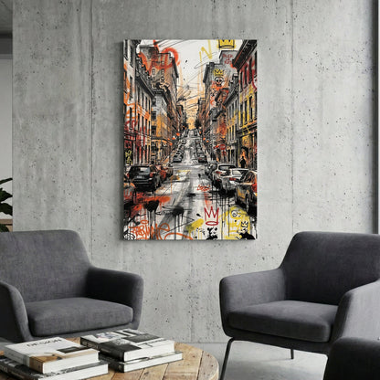 Urban city street wall art featuring Basquiat and Blek le Rat graffiti and parked cars.