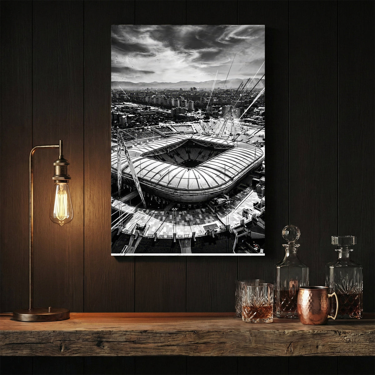 Monochrome photography of Allianz Stadium in Turin Italy wall art.