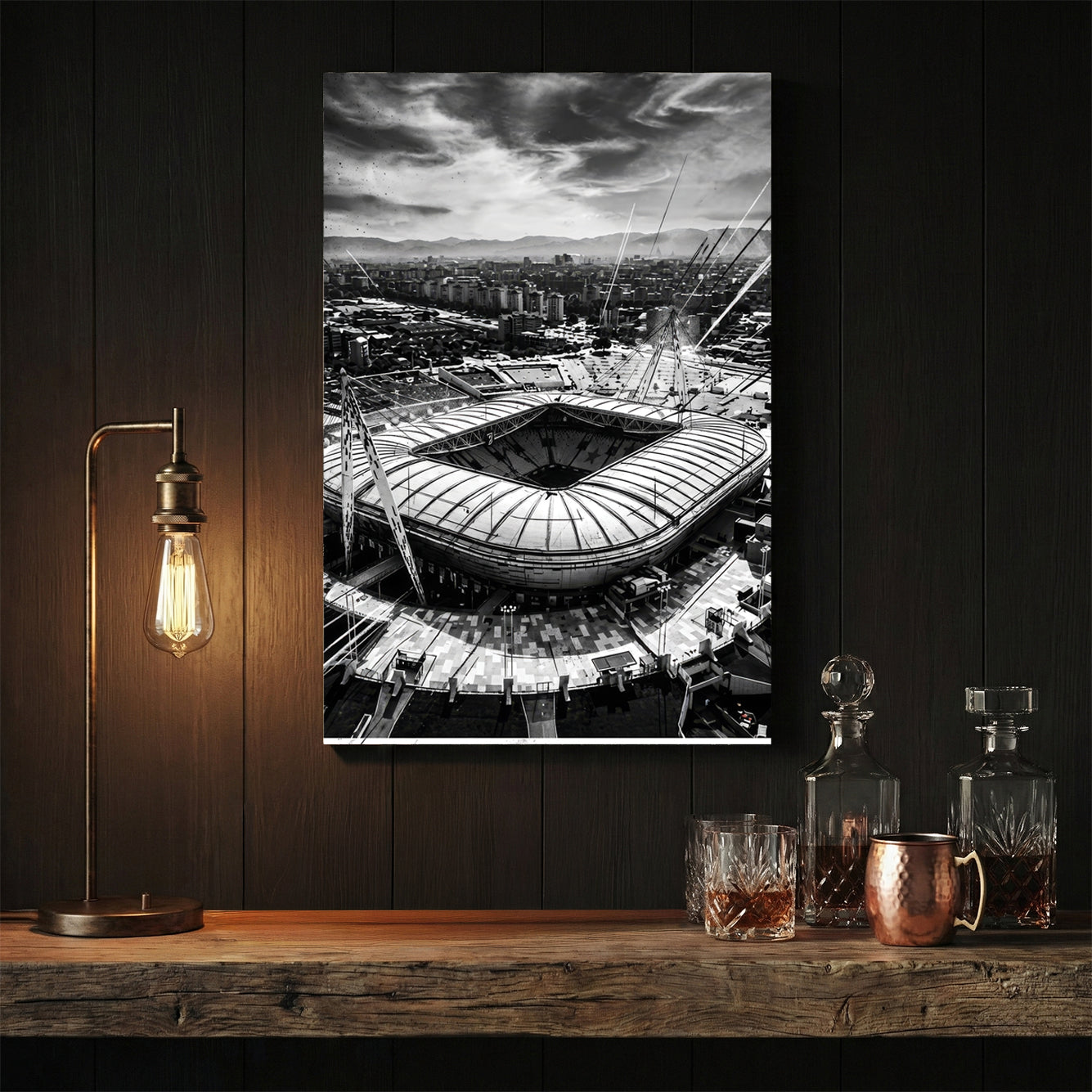Monochrome photography of Allianz Stadium in Turin Italy wall art.
