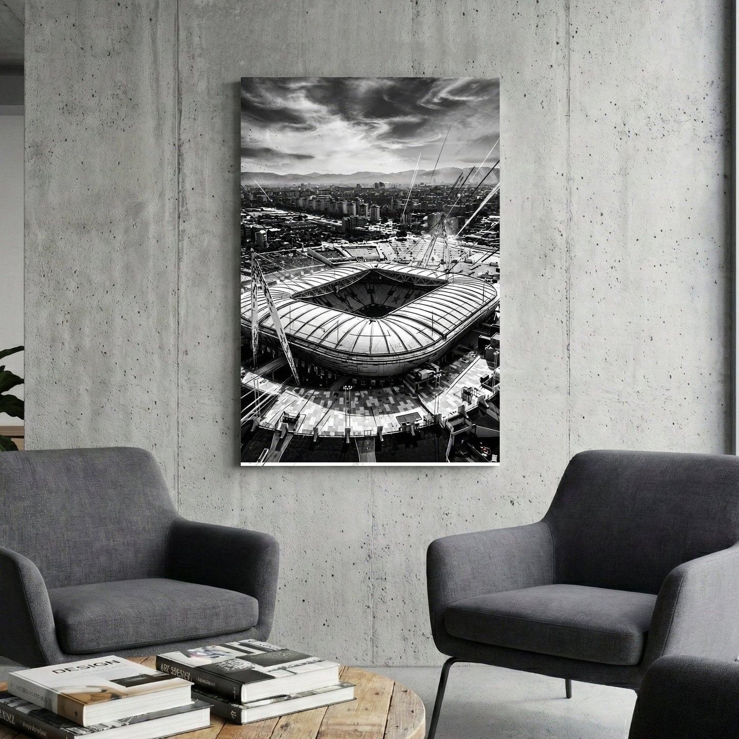 Monochrome photography of Allianz Stadium in Turin Italy wall art.