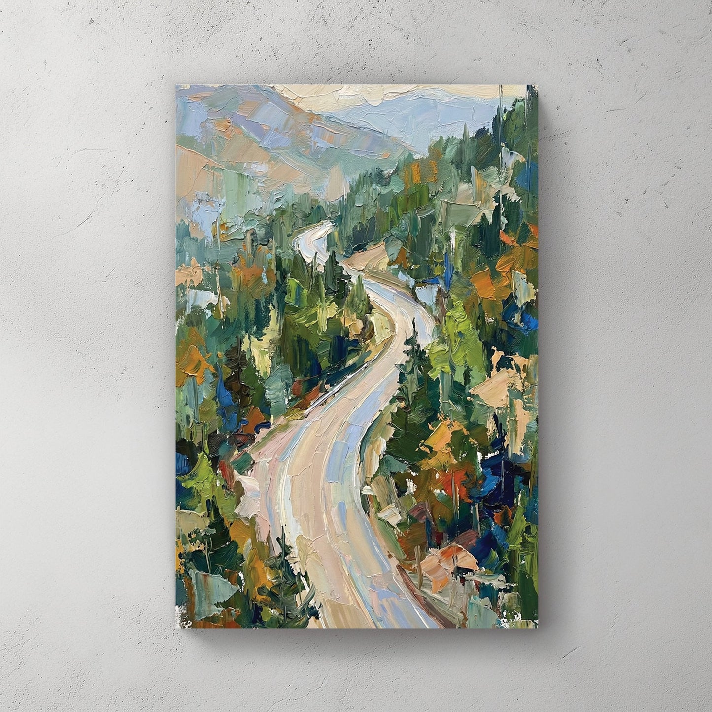 Impressionist wall art of a winding mountain road through a green forest.