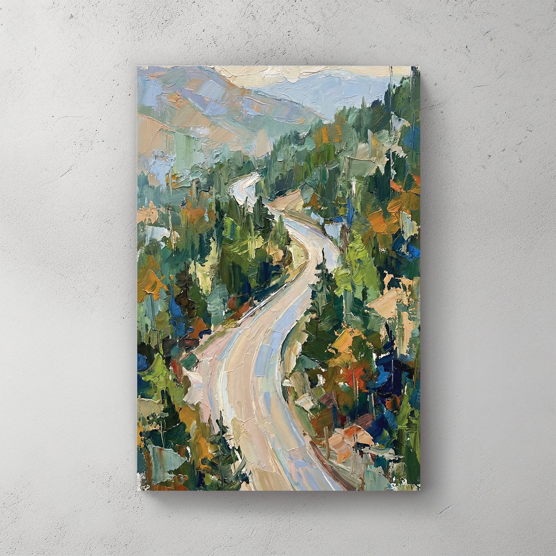 Impressionist wall art of a winding mountain road through a green forest.