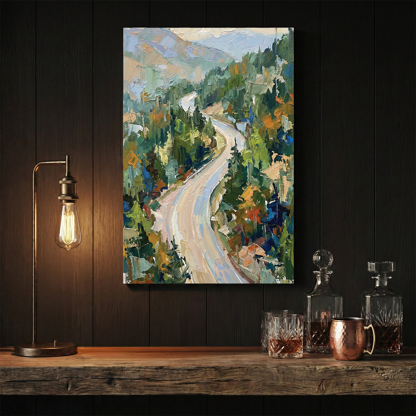 Impressionist wall art of a winding mountain road through a green forest.