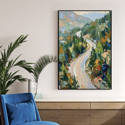 Impressionist wall art of a winding mountain road through a green forest.