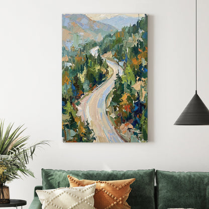 Impressionist wall art of a winding mountain road through a green forest.