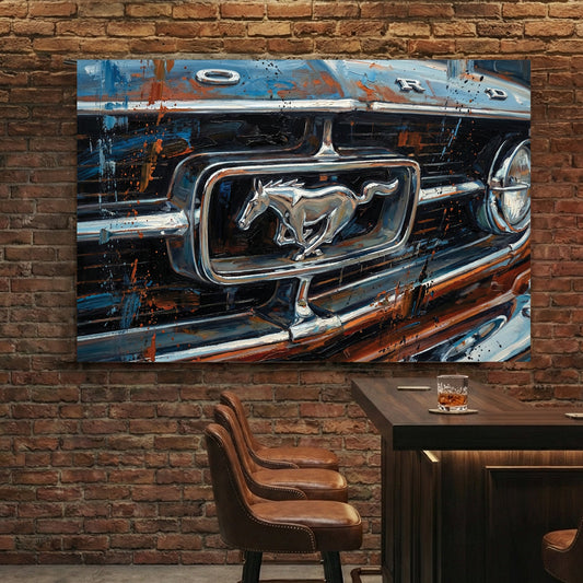 Close-up of a Ford Mustang grille and horse logo wall art with blue and rust tones.