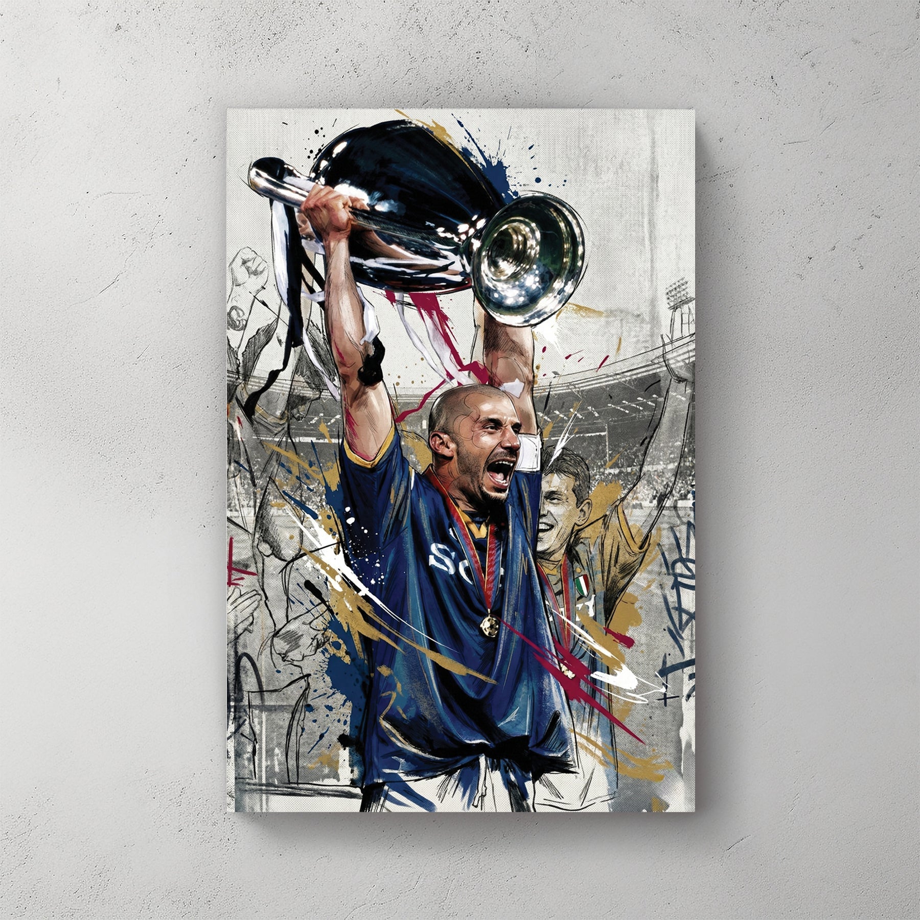 Gianluca Vialli lifting the Champions League trophy in a street art style wall art print.