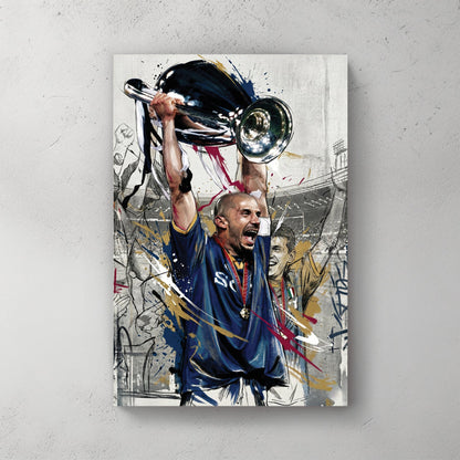 Gianluca Vialli lifting the Champions League trophy in a street art style wall art print.