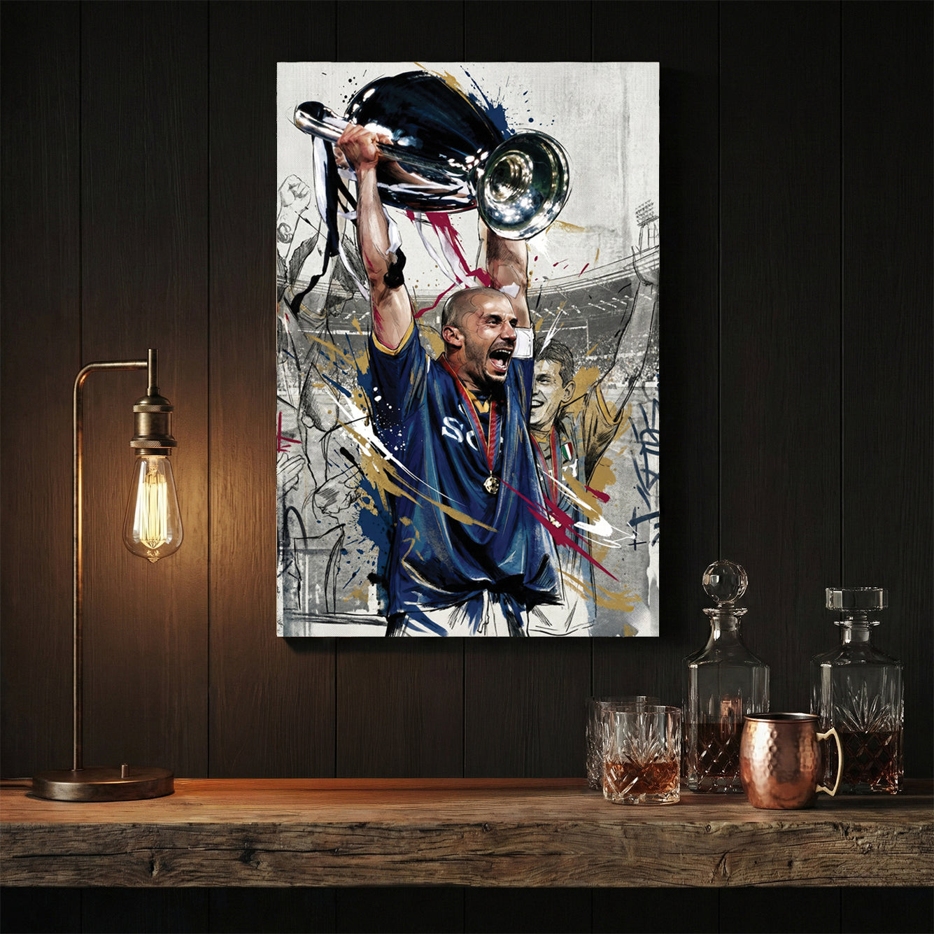 Gianluca Vialli lifting the Champions League trophy in a street art style wall art print.