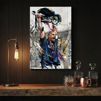 Gianluca Vialli lifting the Champions League trophy in a street art style wall art print.