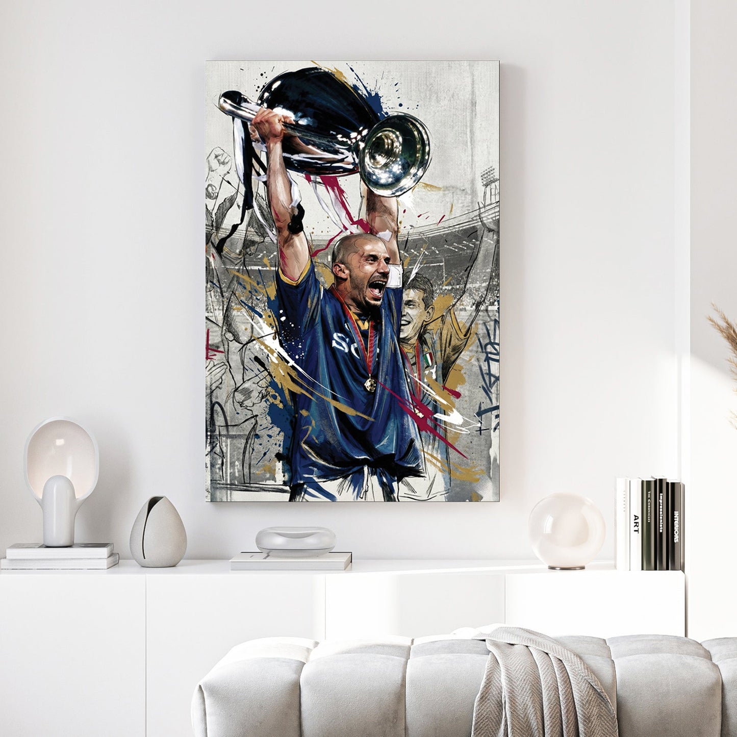Gianluca Vialli lifting the Champions League trophy in a street art style wall art print.