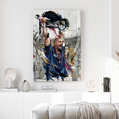 Gianluca Vialli lifting the Champions League trophy in a street art style wall art print.