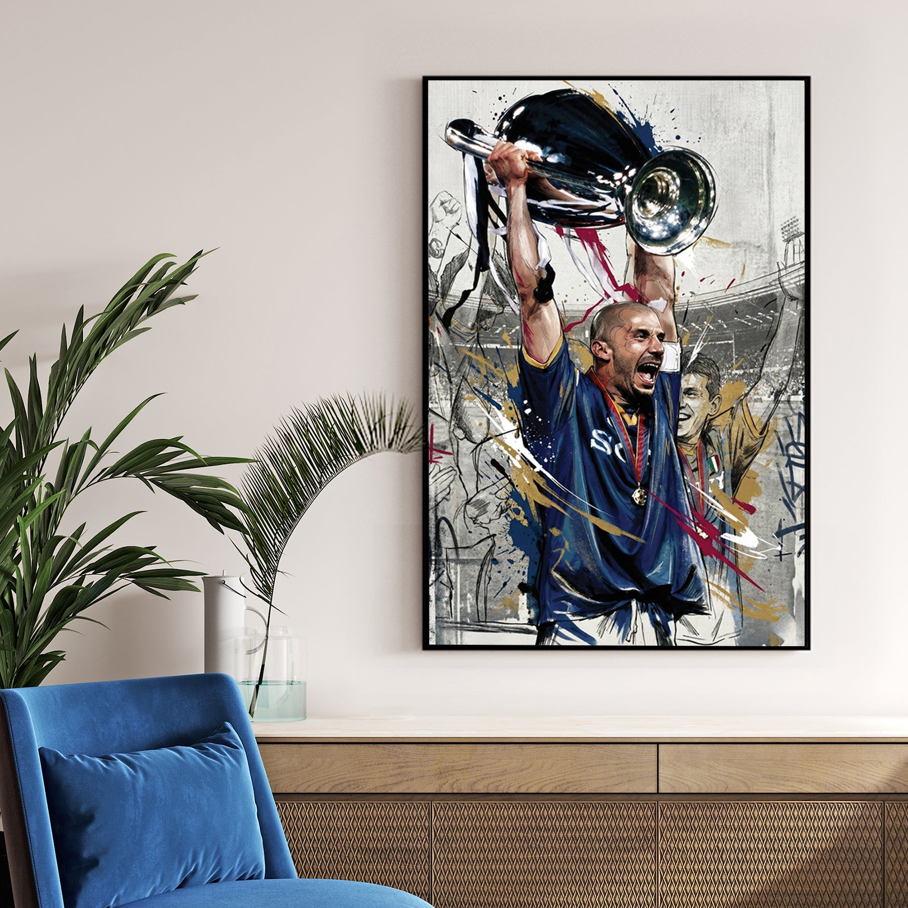 Gianluca Vialli lifting the Champions League trophy in a street art style wall art print.