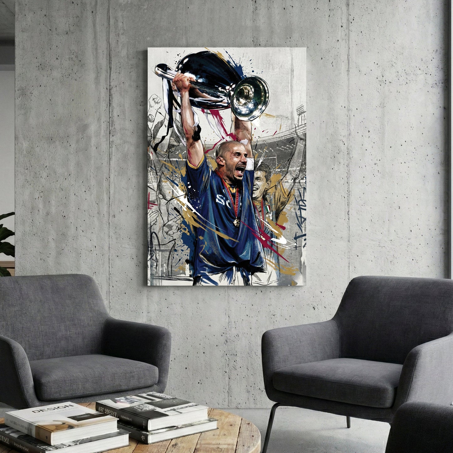Gianluca Vialli lifting the Champions League trophy in a street art style wall art print.