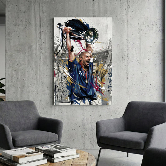 Gianluca Vialli lifting the Champions League trophy in a street art style wall art print.
