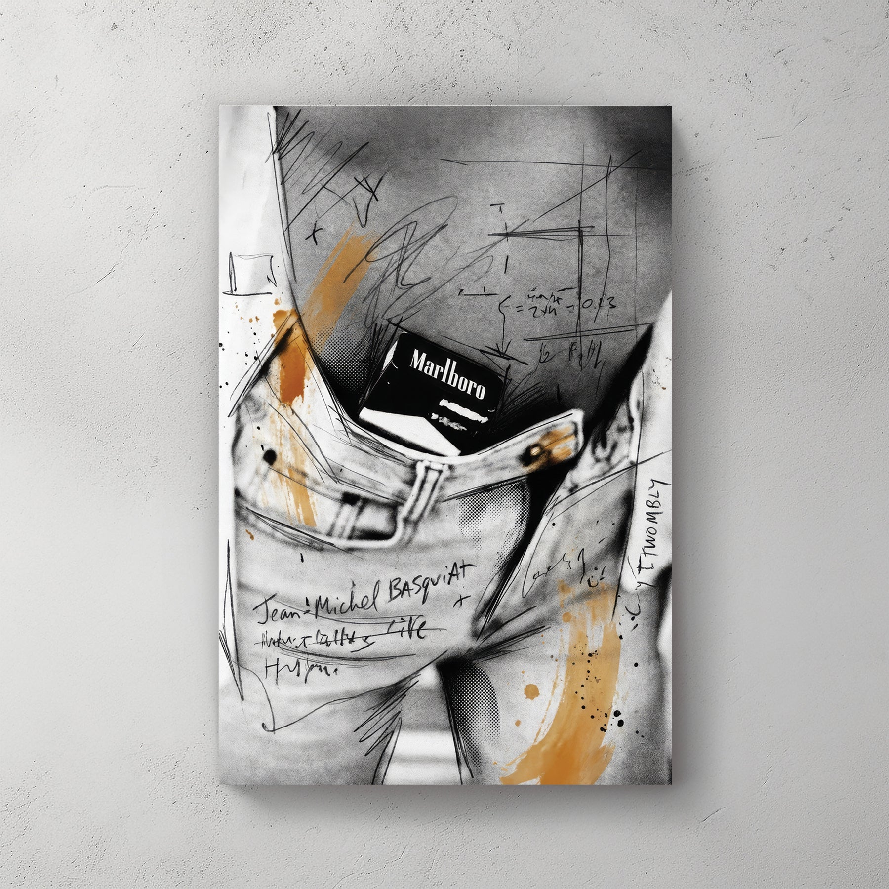Basquiat and Cy Twombly style wall art featuring a Marlboro pack in a denim pocket.