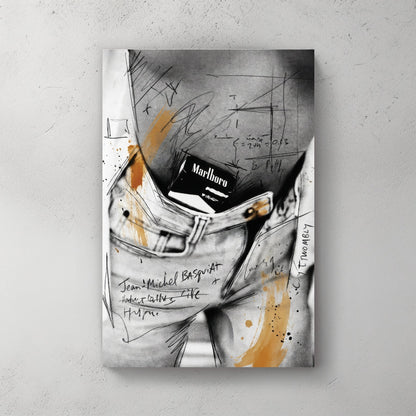 Basquiat and Cy Twombly style wall art featuring a Marlboro pack in a denim pocket.