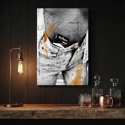 Basquiat and Cy Twombly style wall art featuring a Marlboro pack in a denim pocket.