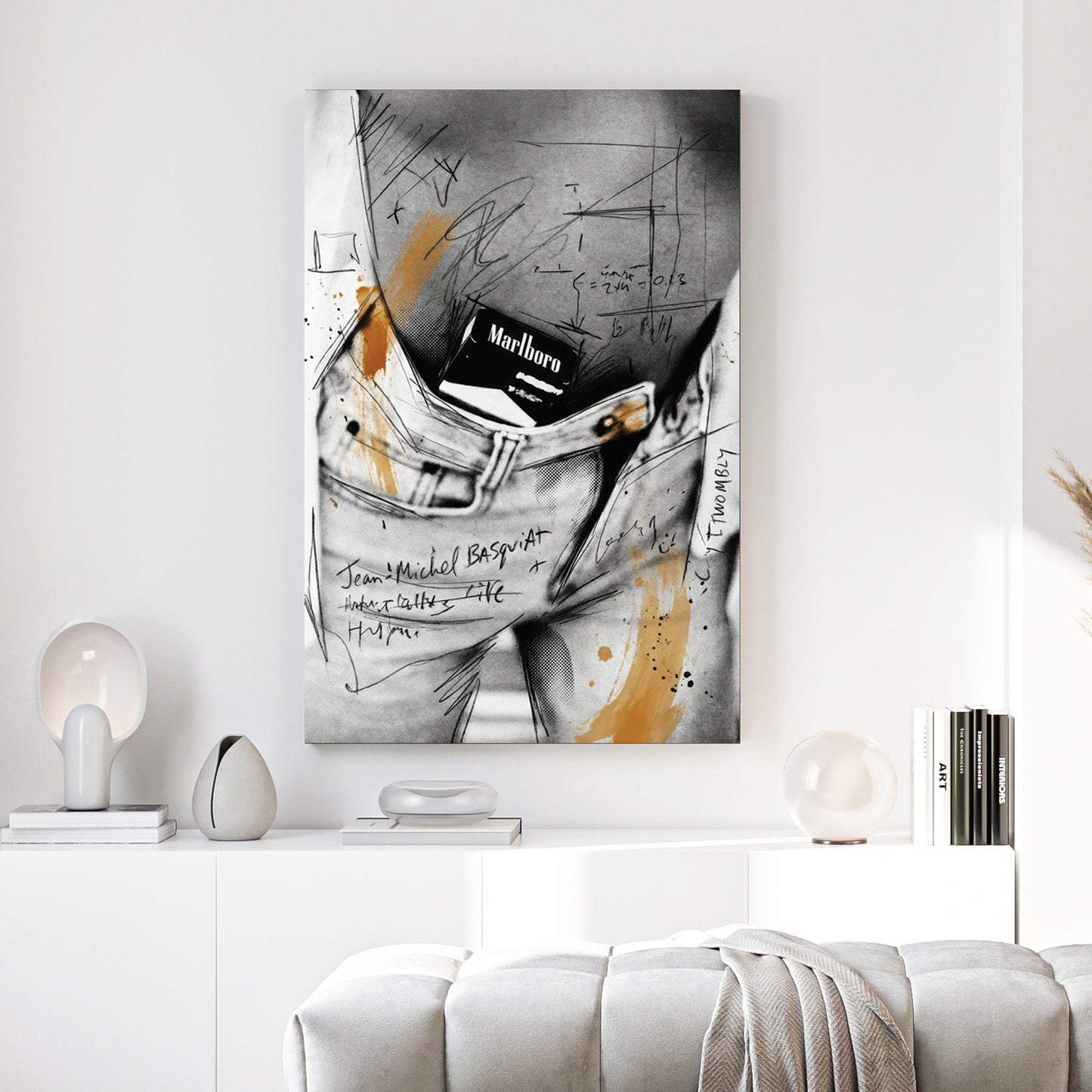 Basquiat and Cy Twombly style wall art featuring a Marlboro pack in a denim pocket.
