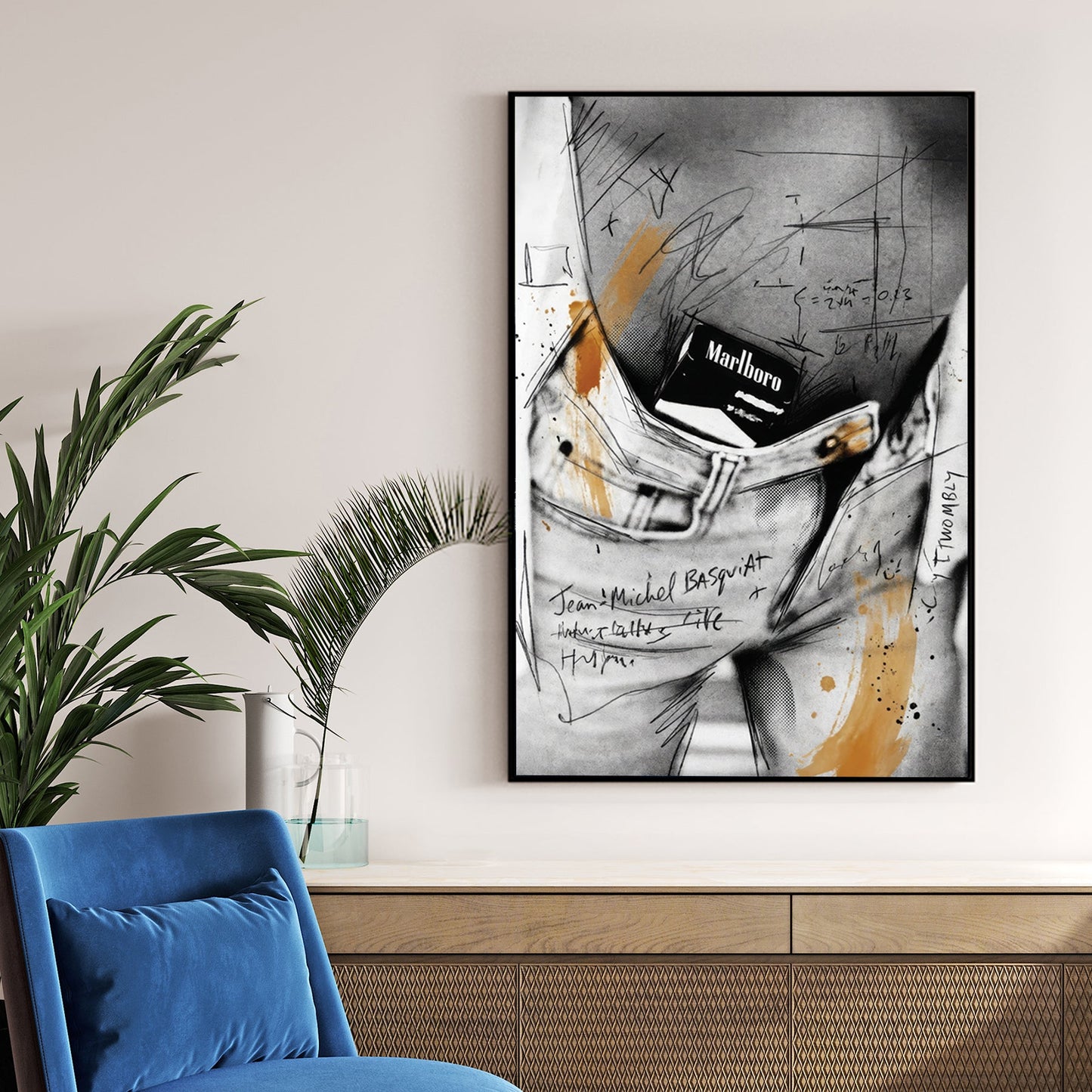 Basquiat and Cy Twombly style wall art featuring a Marlboro pack in a denim pocket.