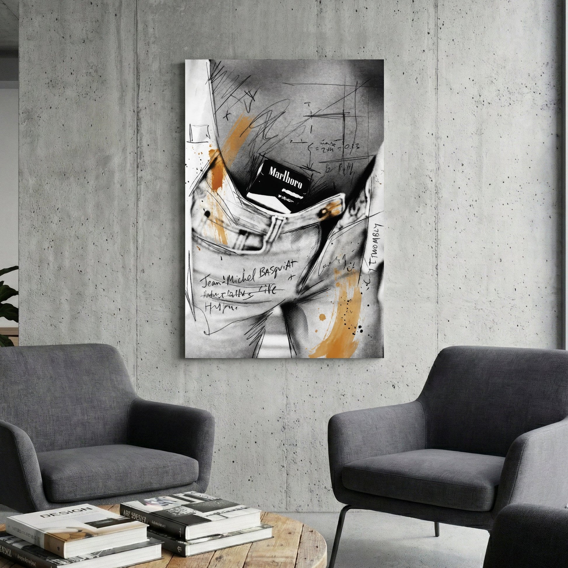 Basquiat and Cy Twombly style wall art featuring a Marlboro pack in a denim pocket.