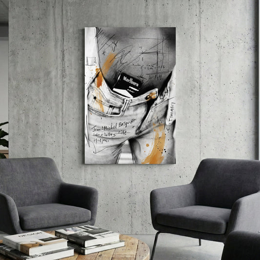 Basquiat and Cy Twombly style wall art featuring a Marlboro pack in a denim pocket.