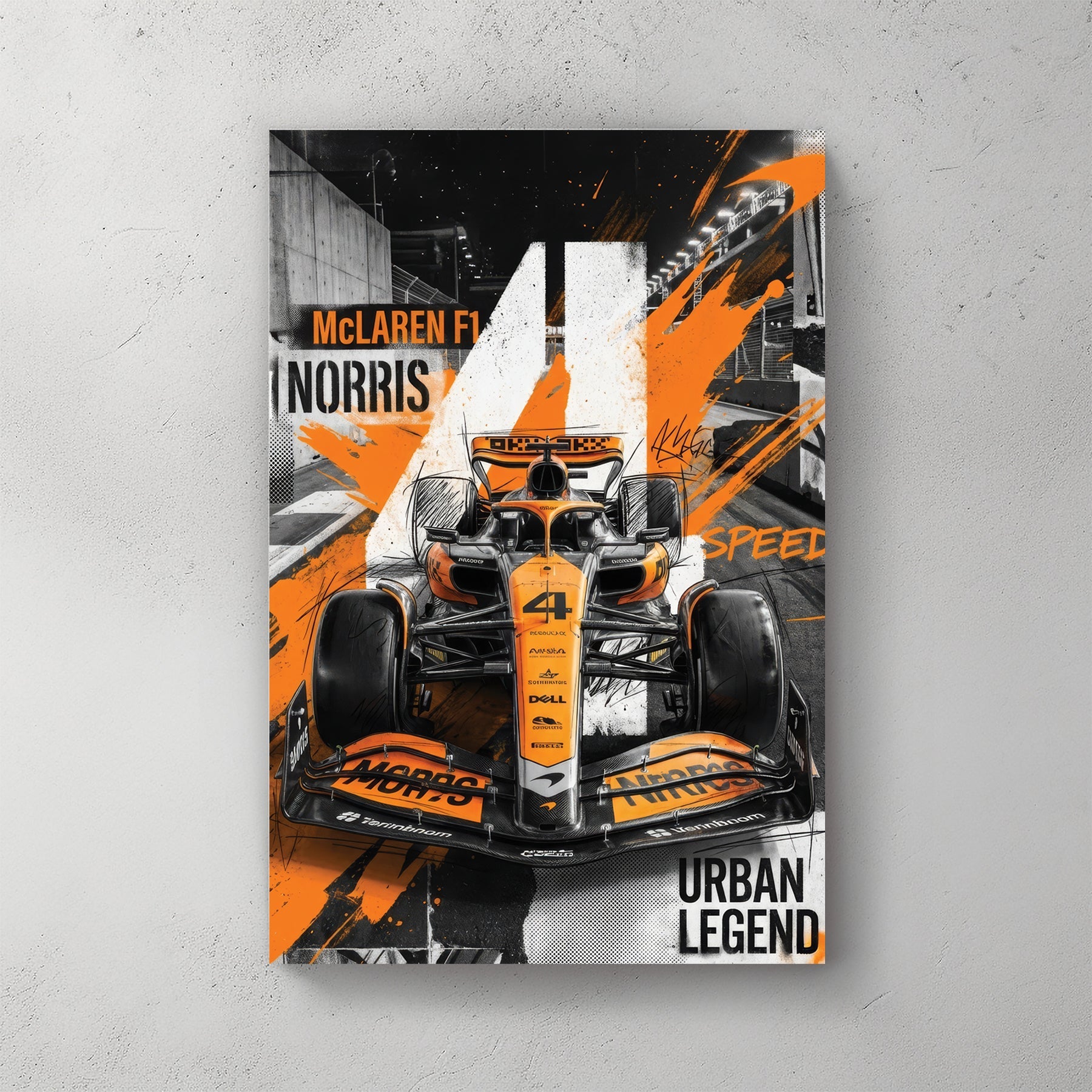 Lando Norris McLaren F1 car in orange and black urban street art style wall art.