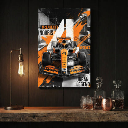 Lando Norris McLaren F1 car in orange and black urban street art style wall art.