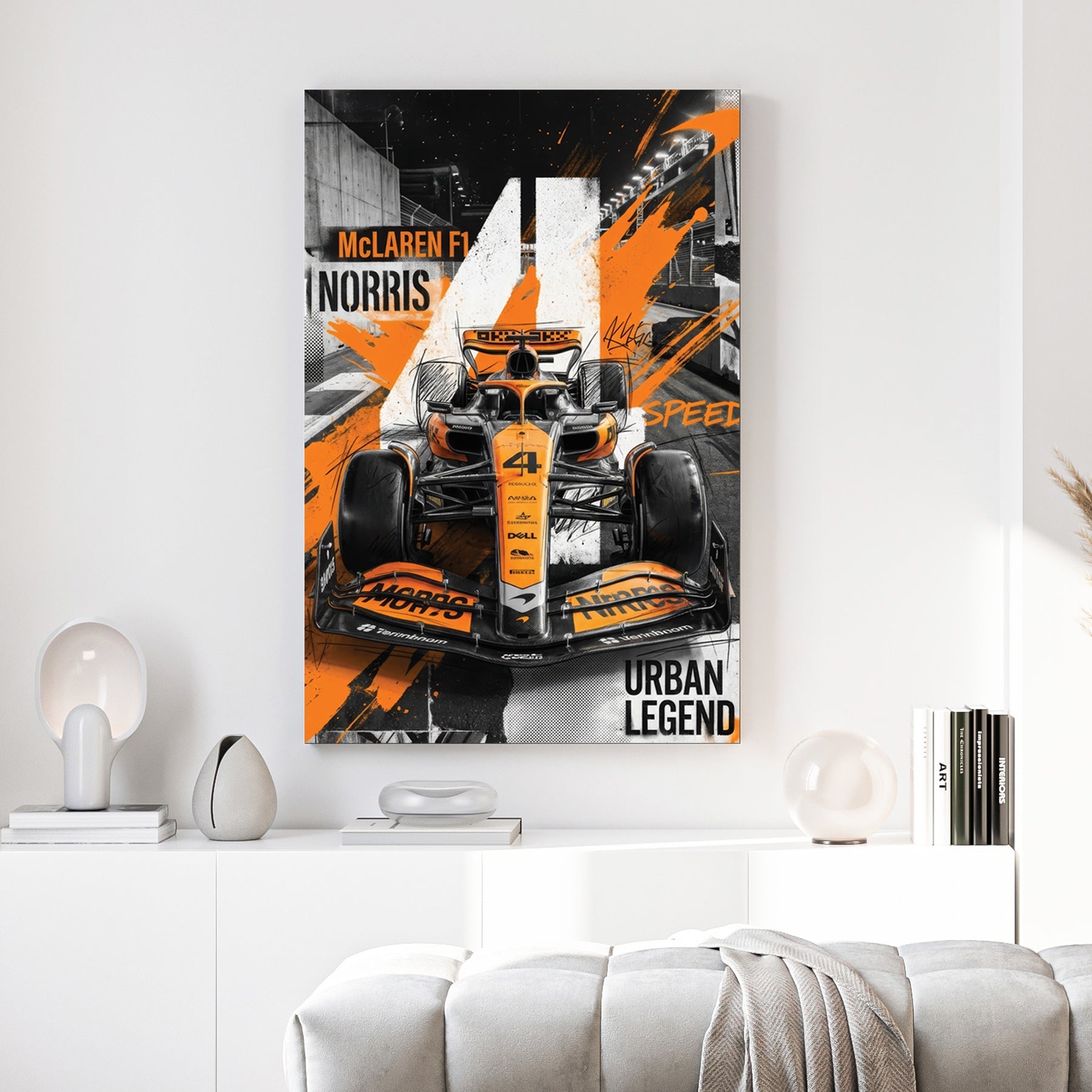 Lando Norris McLaren F1 car in orange and black urban street art style wall art.