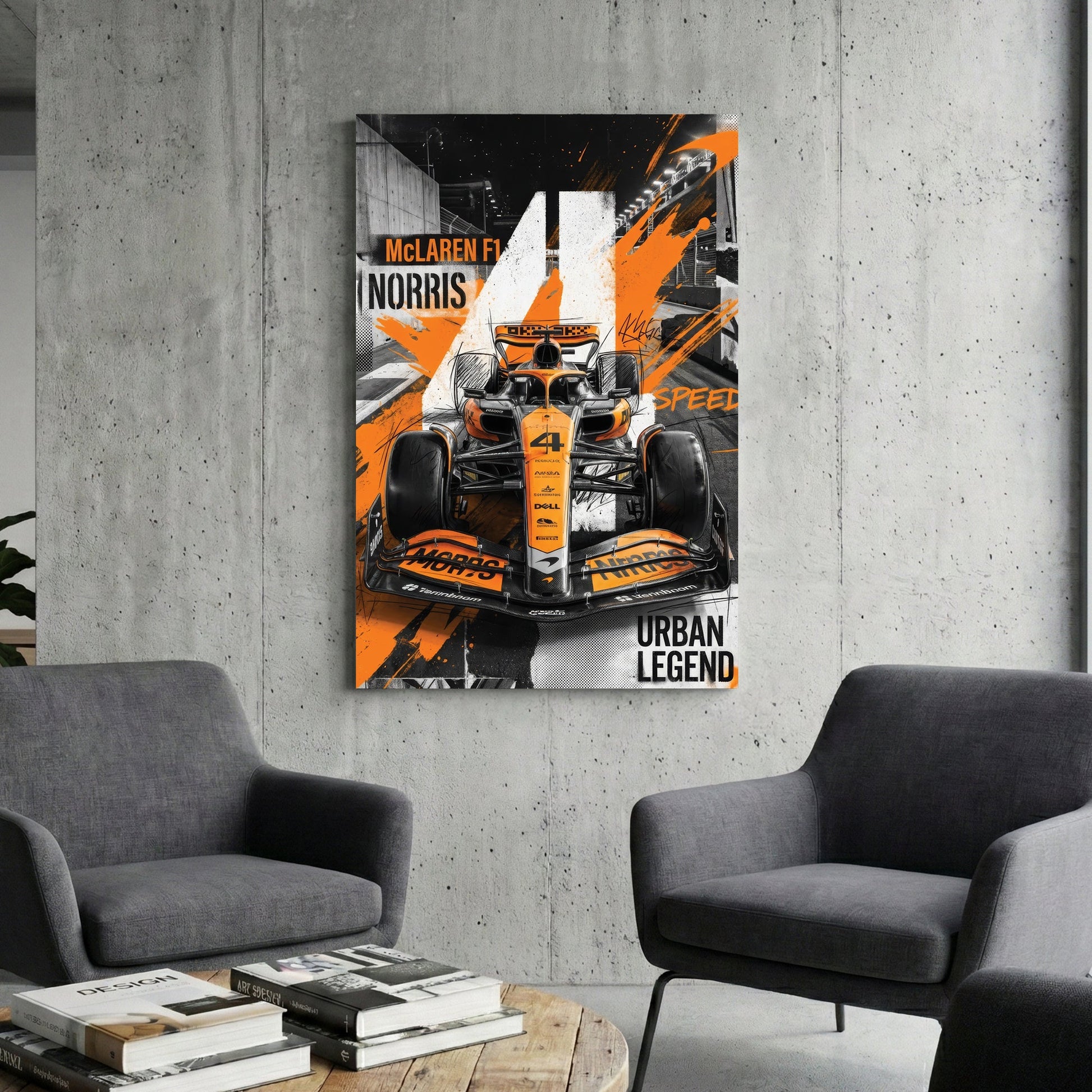 Lando Norris McLaren F1 car in orange and black urban street art style wall art.