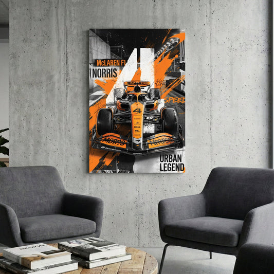 Lando Norris McLaren F1 car in orange and black urban street art style wall art.