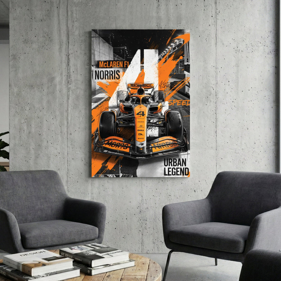 Lando Norris McLaren F1 car in orange and black urban street art style wall art.