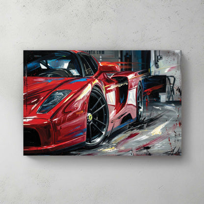 Ferrari Enzo street art style wall art with red and black expressive lines.