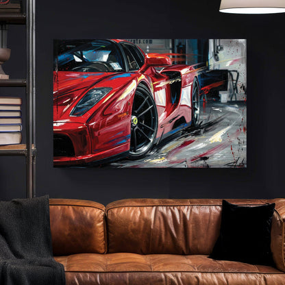 Ferrari Enzo street art style wall art with red and black expressive lines.