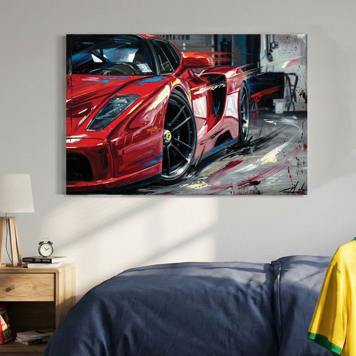 Ferrari Enzo street art style wall art with red and black expressive lines.