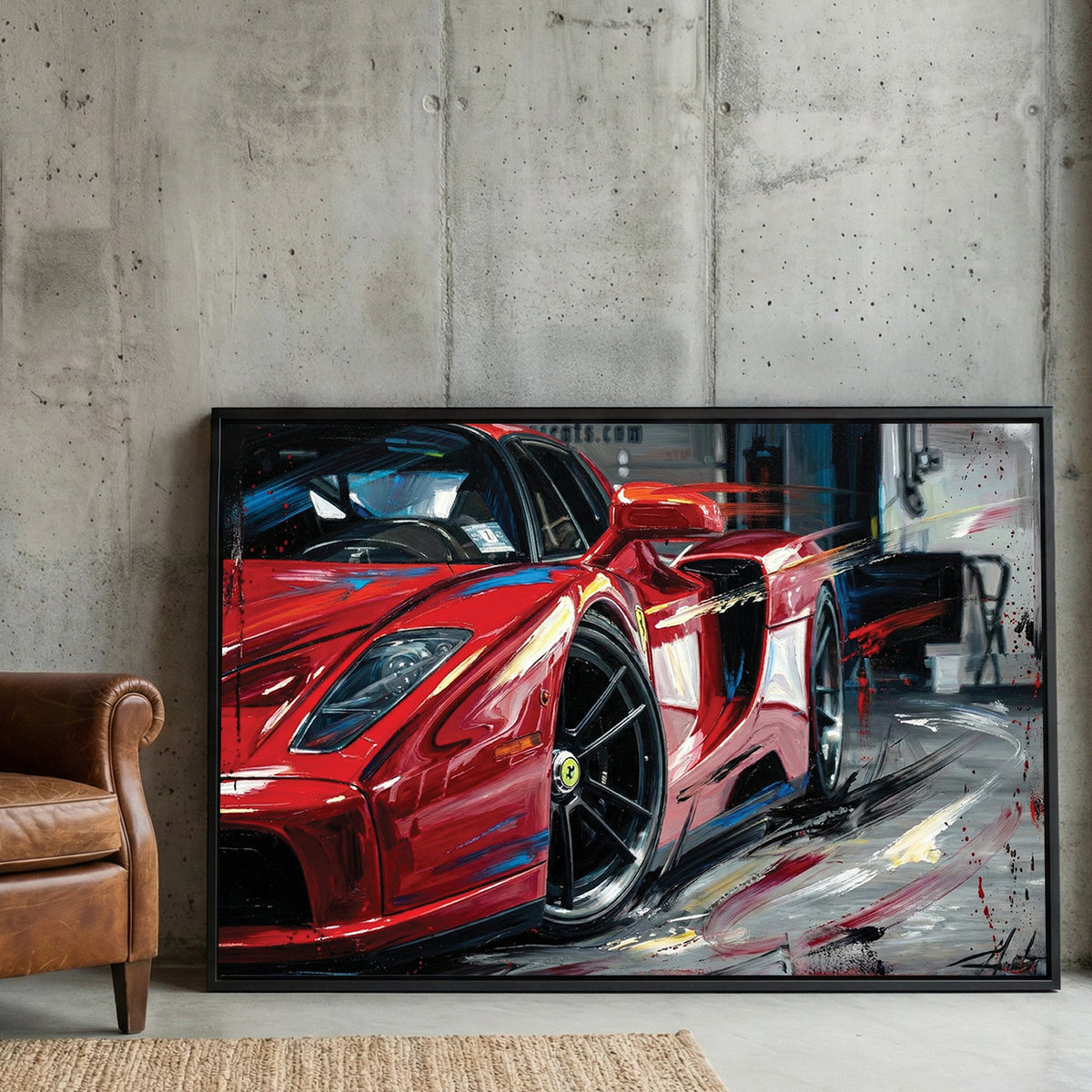 Ferrari Enzo street art style wall art with red and black expressive lines.