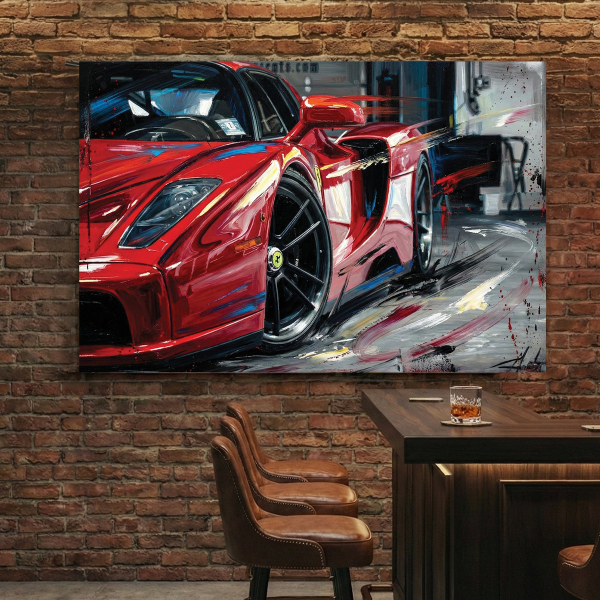 Ferrari Enzo street art style wall art with red and black expressive lines.