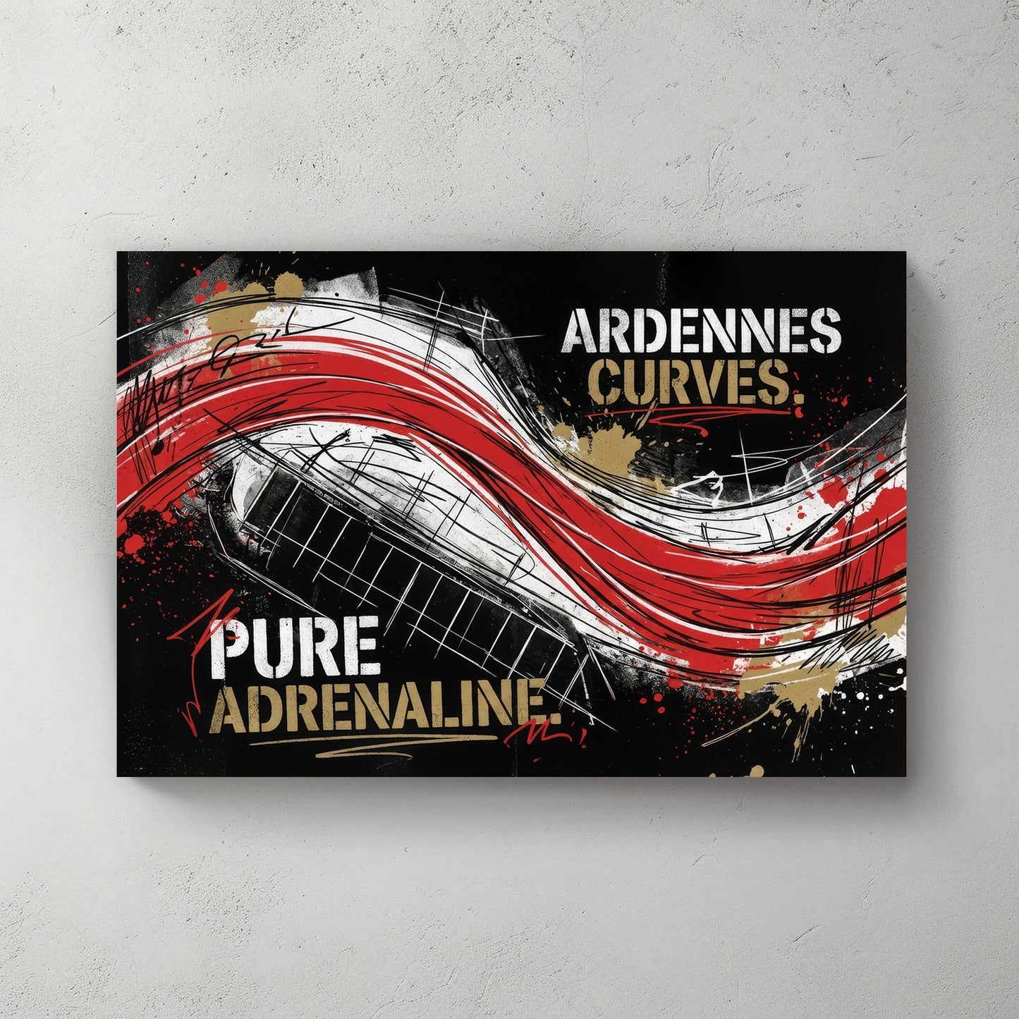 Ardennes Curves Spa-Francorchamps racing track street art wall art with red and black accents.