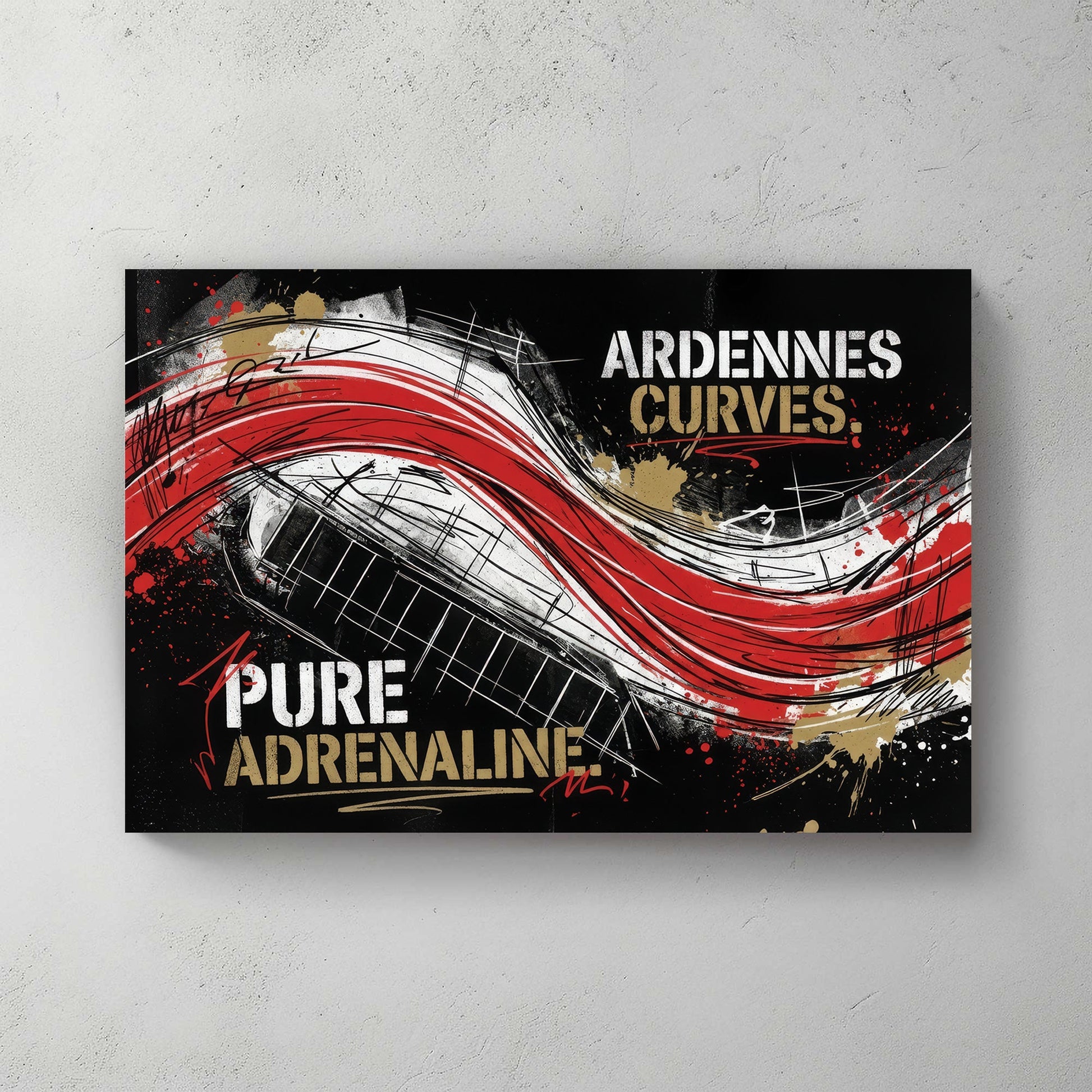 Ardennes Curves Spa-Francorchamps racing track street art wall art with red and black accents.