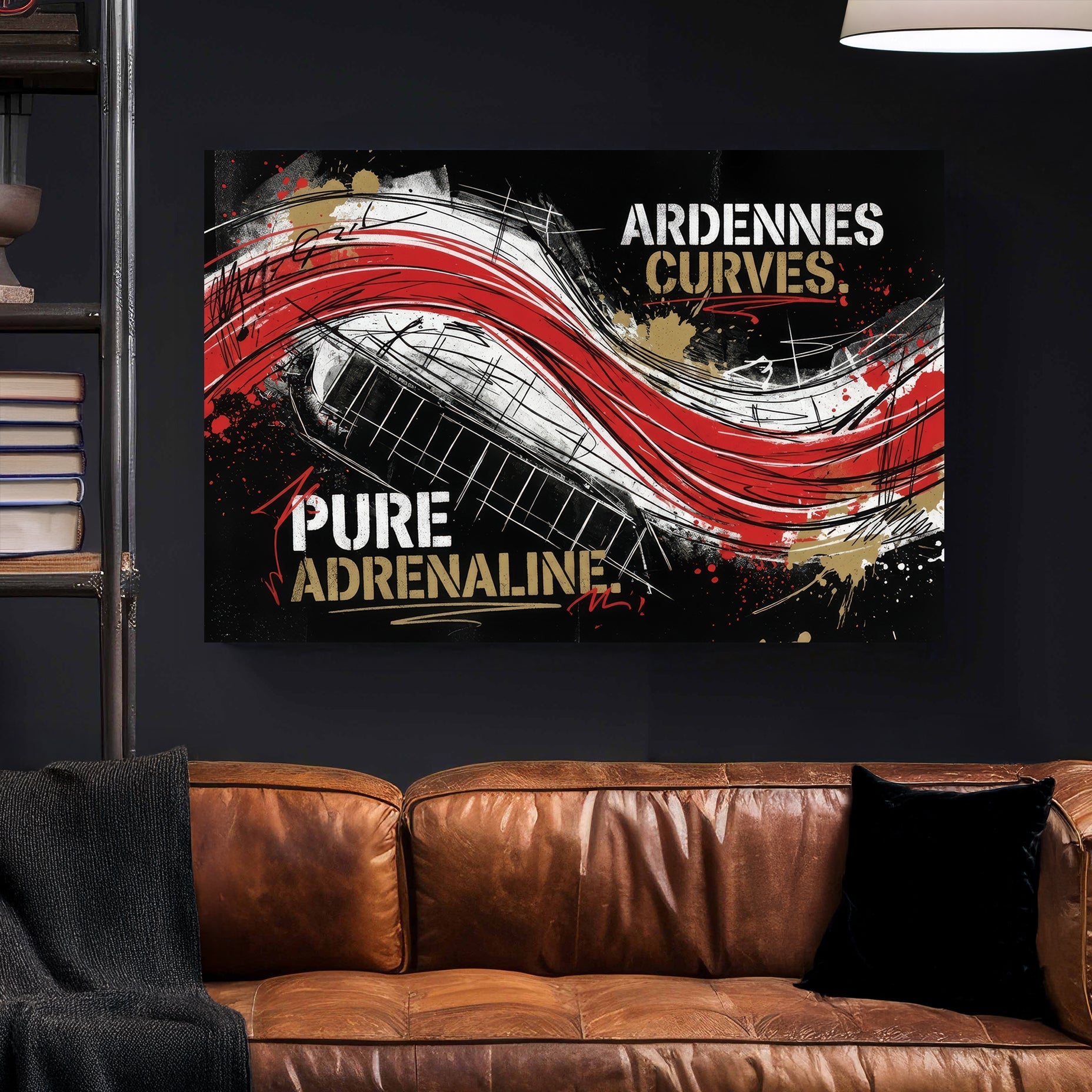 Ardennes Curves Spa-Francorchamps racing track street art wall art with red and black accents.