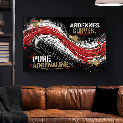 Ardennes Curves Spa-Francorchamps racing track street art wall art with red and black accents.