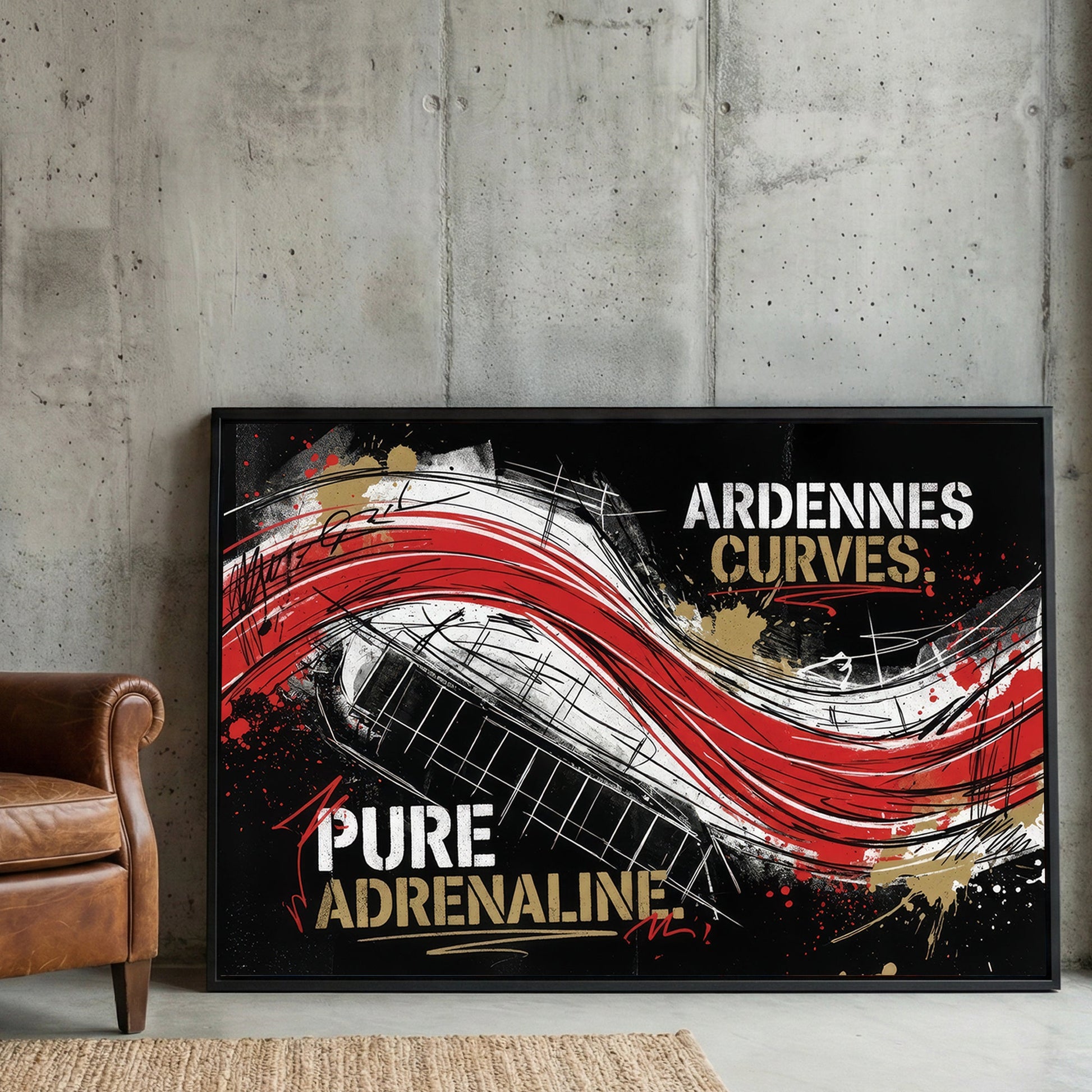Ardennes Curves Spa-Francorchamps racing track street art wall art with red and black accents.