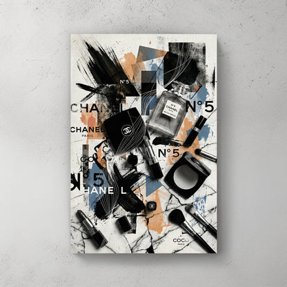 Chanel No. 5 perfume bottle and makeup brushes in a contemporary street art wall art piece.