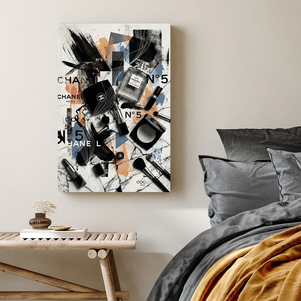 Chanel No. 5 perfume bottle and makeup brushes in a contemporary street art wall art piece.