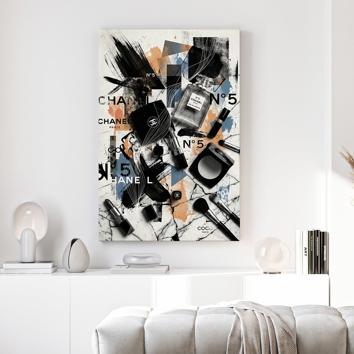 Chanel No. 5 perfume bottle and makeup brushes in a contemporary street art wall art piece.