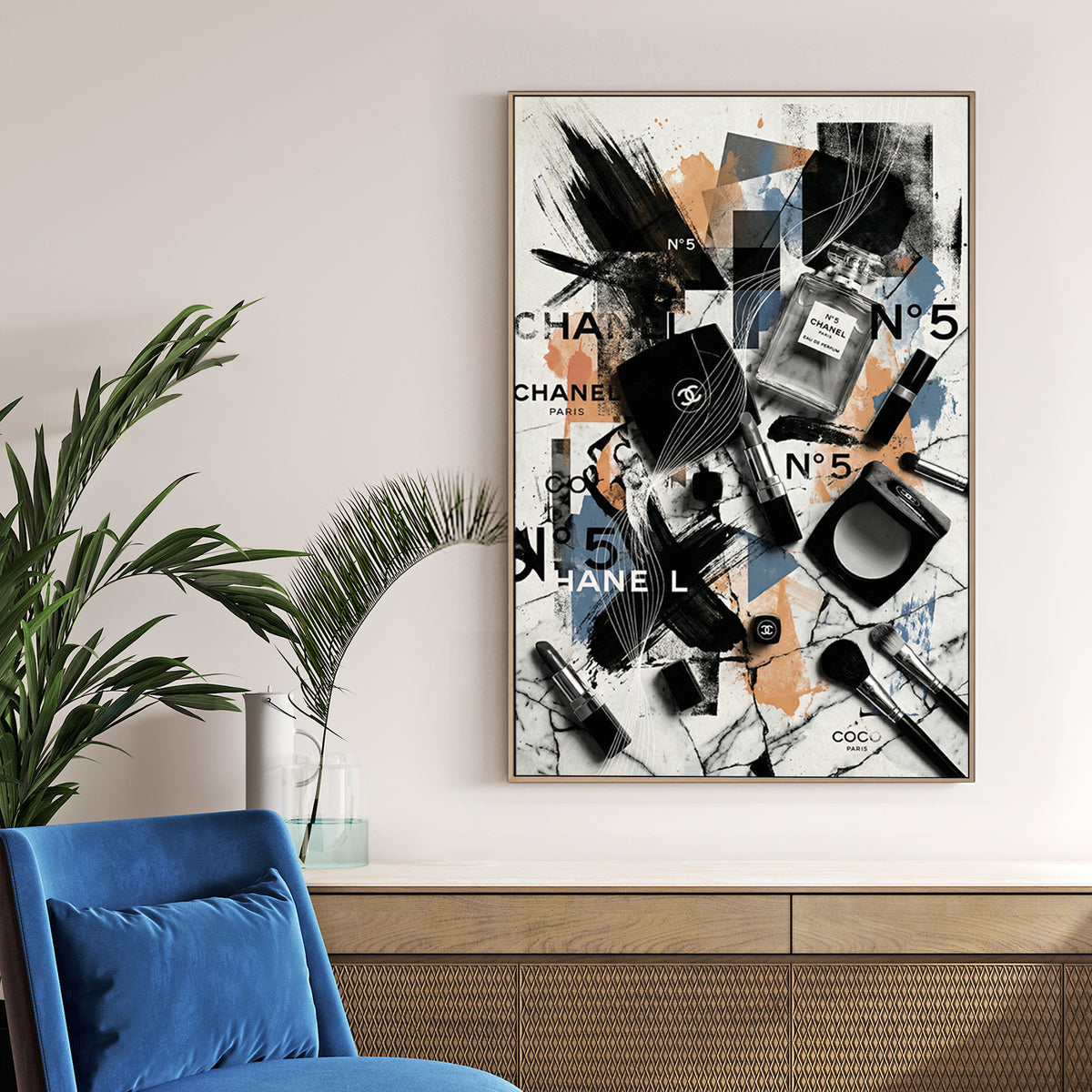 Chanel No. 5 perfume bottle and makeup brushes in a contemporary street art wall art piece.